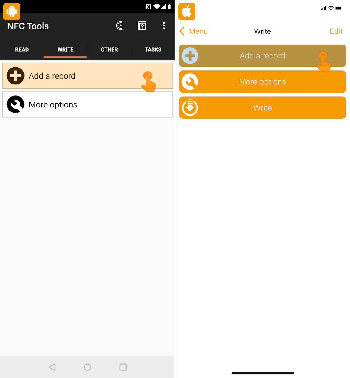 The Write screen in NFC Tools on Android and iPhone
